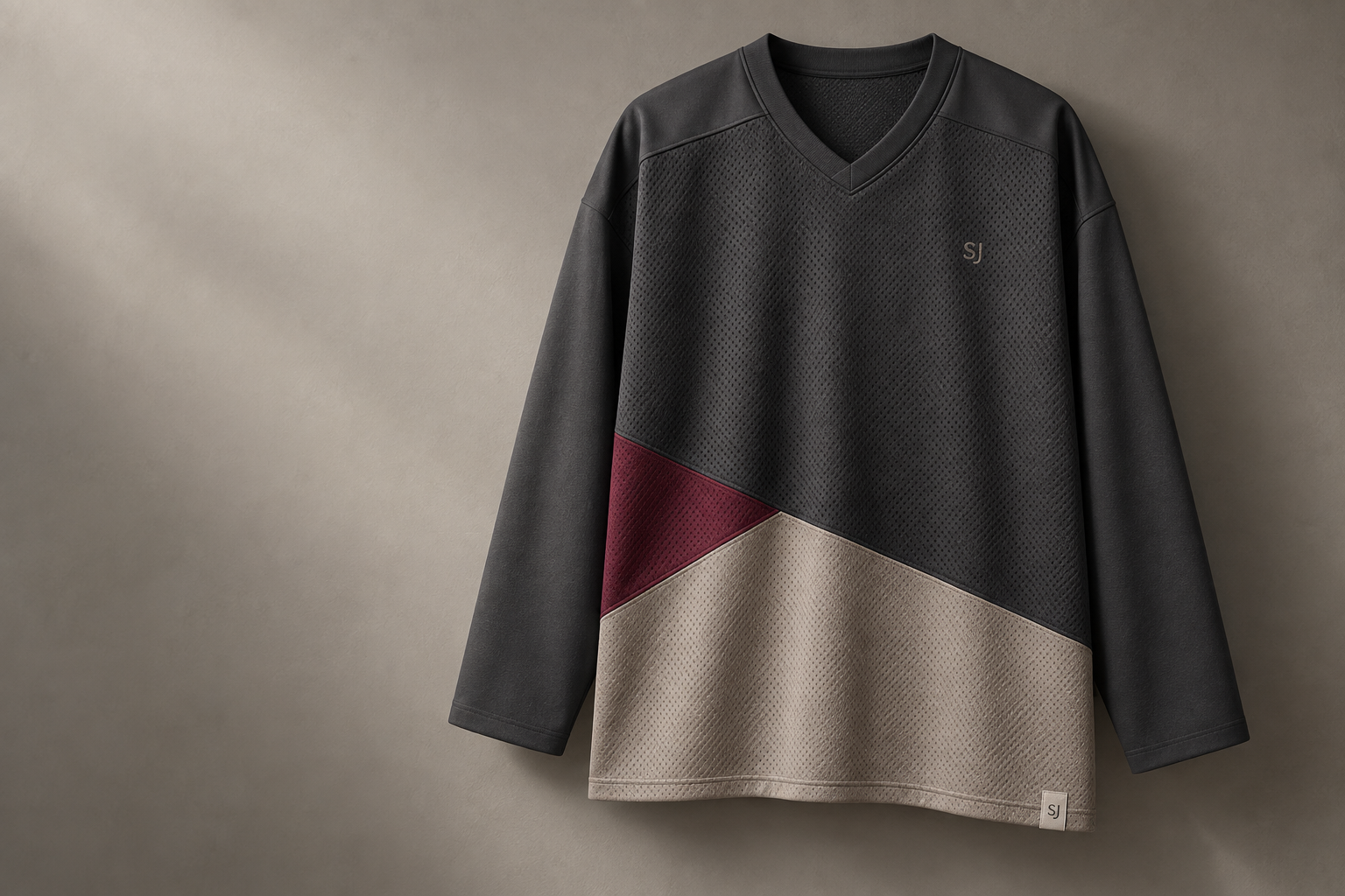 AI design concept of a charcoal SJ001 jersey with stone and burgundy geometric panels